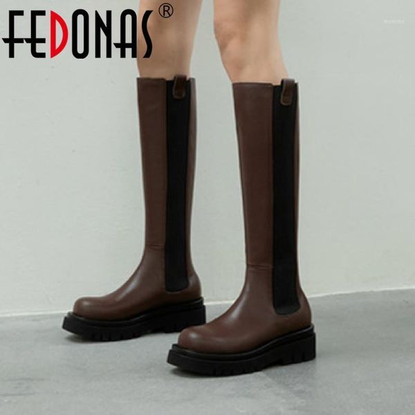 

boots fedonas vintage knee high for women genuine leather thick heels 2021 fall winter shoes woman office lady slim long shoes1, Black