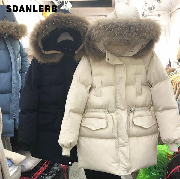 

new fashion winter woman hooded real fur collar jacket solid color loose cotton padded coat students long parkas down1, Black
