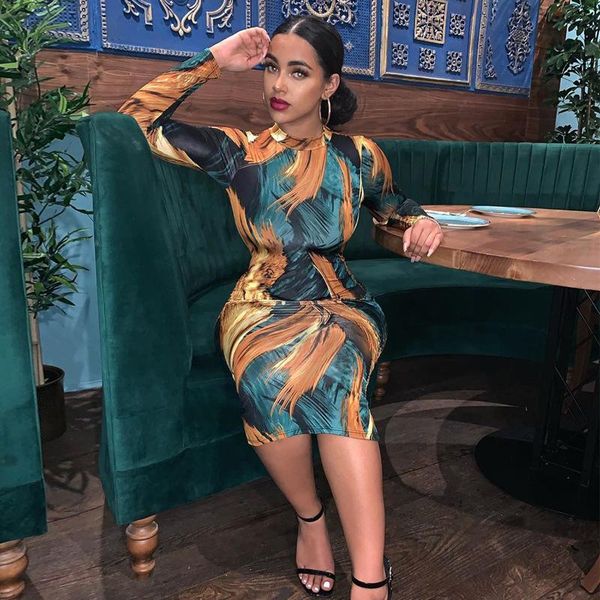 

long sleeve bodycon dress fashion print midi women vintage party club outfits streetwear vestidos de verano kg-51, Black;gray