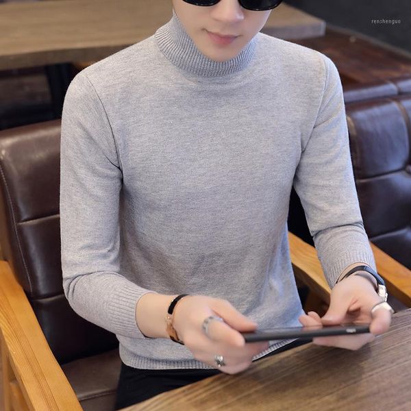 

autumn men's long-sleeved sweater korean version 2018 new men's semi-high collar solid color trend1, White;black