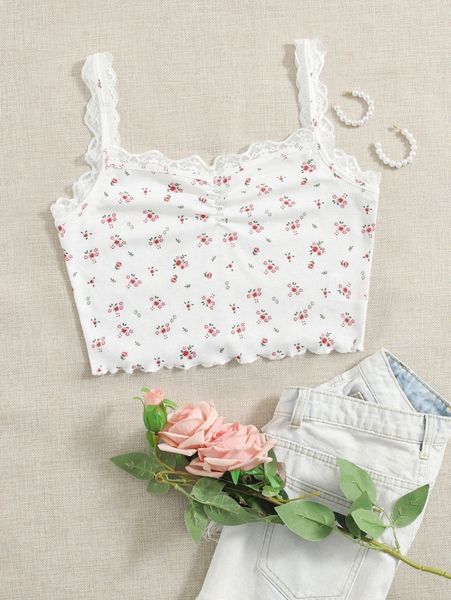 

ditsy floral print lace trim cami a6kk#, White