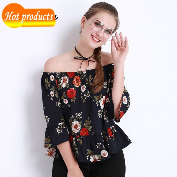 

women's summer blouses off the shoulder female chiffon white floral print femme plied blouse and flower shirts ofco