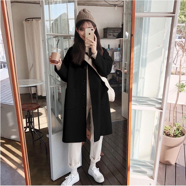 

mwoollen women's medium and long style fall / winter 2020 new korean edition cotton thickened small woolen coat female black
