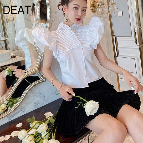 

deat 2020 new summer fashion women turtleneck peter shoulder short sleeves ruffles high waist single breasted pleated shirt wm971, White