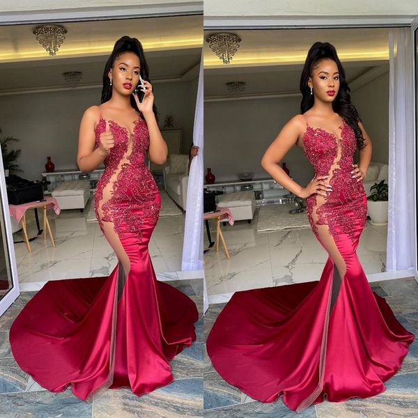 

illusion evening dresses sheer neck lace appliques prom dress sweep train robe de soiree formal party gowns, Black;red