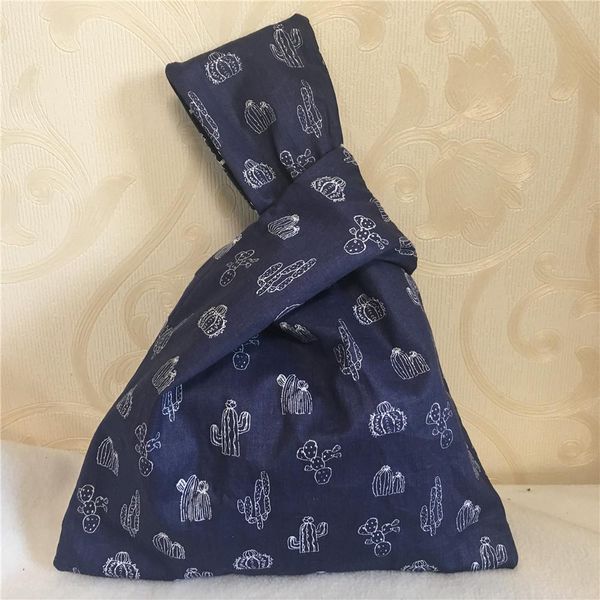 

yile new cotton twill wrap knot wrist bag key phone wristlet cactus opuntia navy blue handmade w22 h wmtuns
