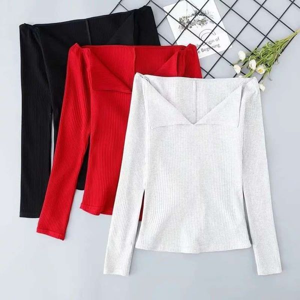 

small lapel off shoulder long sleeve t-shirt, Black;gray