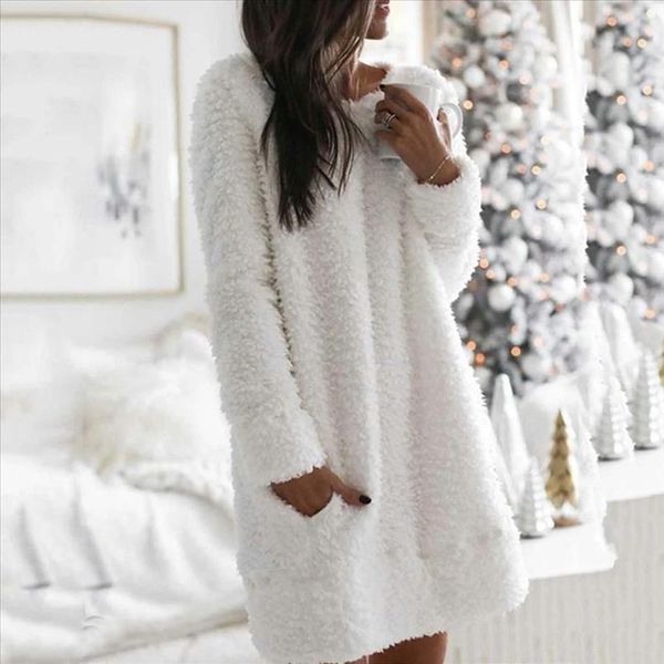 

women fashion winter sweater round neck cotton blend casual plush dresses kobieta sukienka damesjurk 2021, Gray