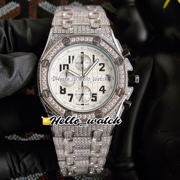 

twf new 26470 miyota quartz chronogrpah mens watch satch white texture dial steel diamonds case bracelet watches hello_watch, Slivery;brown