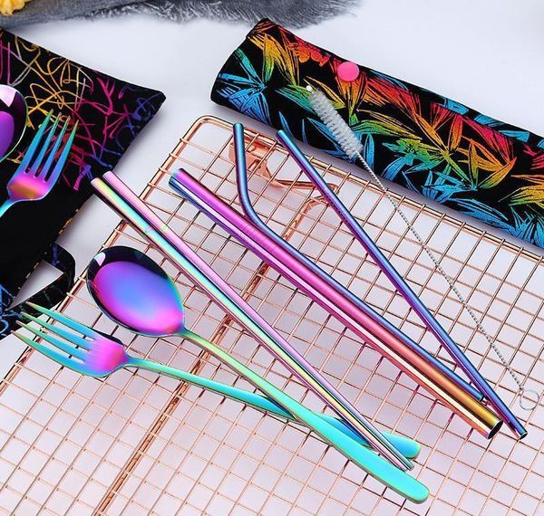 

stainless steel cutlery sets chopsticks spoons knife straws cleaning brush set colorful portable reusable dinner jlloar bdebag