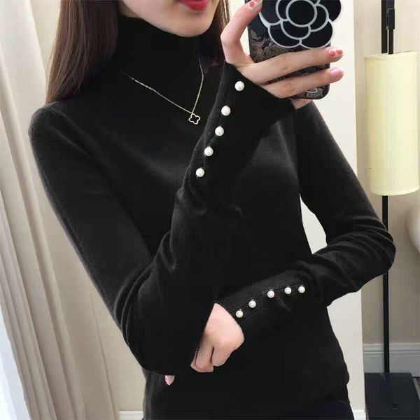 

women's black 2020 fall turtleneck new korean style slim sweater loose pearl decor long sleeve pullovers knitwear female, White;black