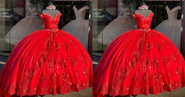 

gorgeous red off shoulder flowers quinceanera prom dresses 2022 with short sleeves applique evening formal gowns sweet 16 vestidos de dress, Blue;red