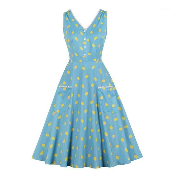 

sleeveless double v neck women dress vd1477 lemon print light blue swing a line party summer dress with pockets1, Black;gray