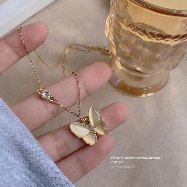 

chains titanium steel butterfly necklace super fairy ins cold wind clavicle chain korean net red temperament opal for women, Silver