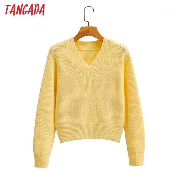 

tangada women 2020 fashion yellow fitted cropped knitted sweater vintage v neck long sleeve female pullovers chic sy2631, White;black