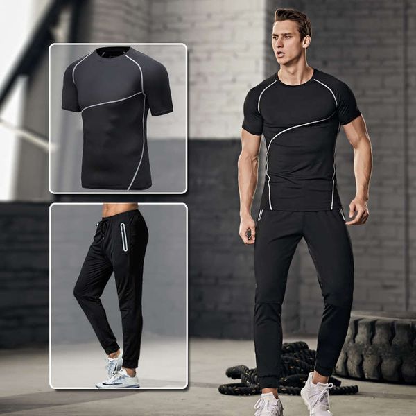 

sports suit men's summer round neck fitness leisure running quick dry clothes short sleeve pants training two piece set 968ba, Gray