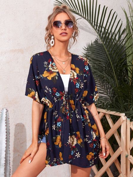 

floral print tie front kimono c3ld#, White;black