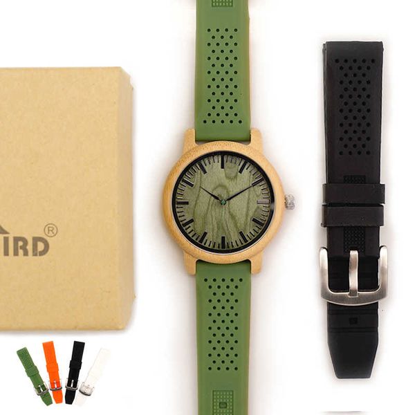

bobo bird bamboo wooden watch men quartz watch with green silicone strap extra band men's gift with box relogio masculino w-b06 cj19111, Silver