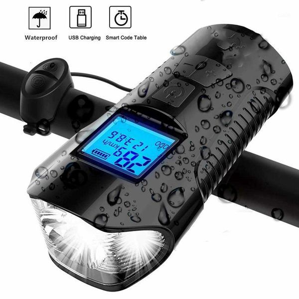 

waterproof lcd speedometer bicycle light usb rechargeable front bicycle headlight with bell for bike accessories1