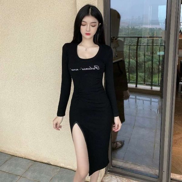 

early autumn style long sleeve round neck waist closing mid length split skirt fashion high slim dress, Black;gray