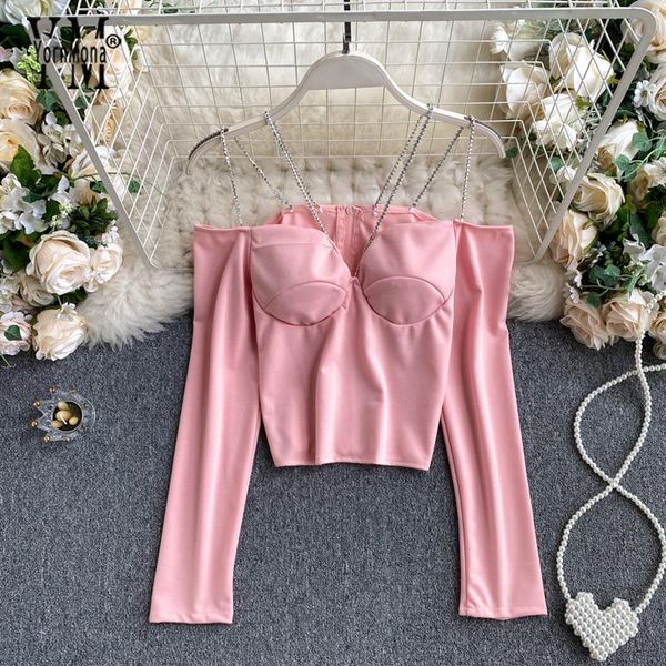 

yornmona ins fashion off shoulder chains bandage blouse shirt korean style long sleeve girl pink club wear crop, White