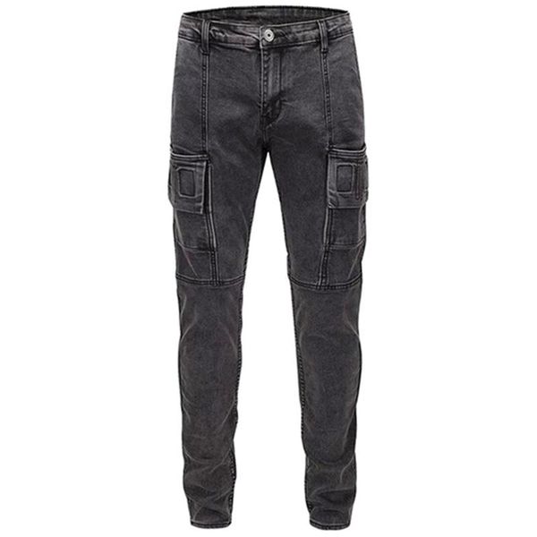 

men's pants motorcycle multiple pockets deimn casual slim trousers hip hop streetwear jeans 2021 fashion sweatpants joggers men, Black
