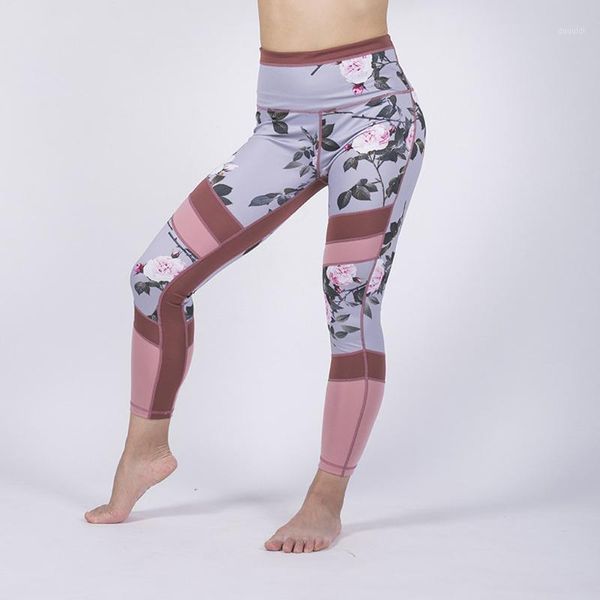 

yoga outfits pants ladies printed screen stitching high-waist fitness running nine-minute leggins sport trousers mesh splicing wear1, White;red