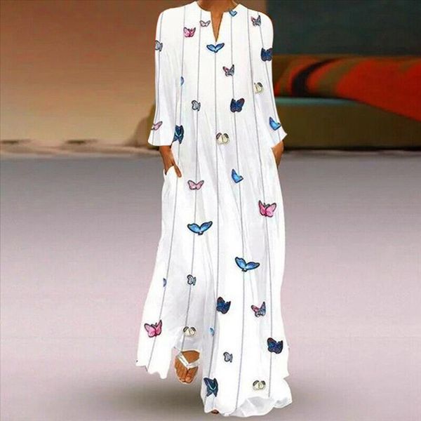

women vintage maxi dress v neck daily casual long sleeve striped butterfly printed autumn party long dresses robe femme 2020, Black;gray