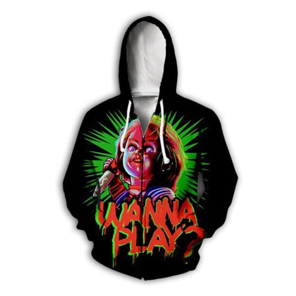 

accept dear customer design diy horror movie child's play chucky 3d hoodies women men 3d print sublimation zipper hoodies hs027