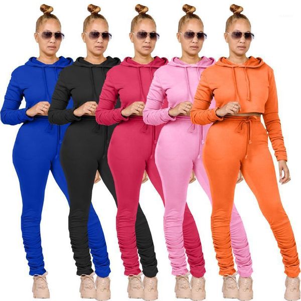 

hooded sweater pocket 2 matching set solid color pleated stacked leggings hoodie sports suit women's two piece set1, Gray