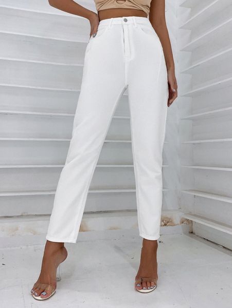 

high waist solid mom jeans z2dl#, Blue