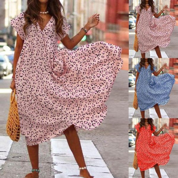 

cover-ups women summer v-neck short sleeve loose floral print dress chiffon irregular hem mid-calf beach seaside holiday1