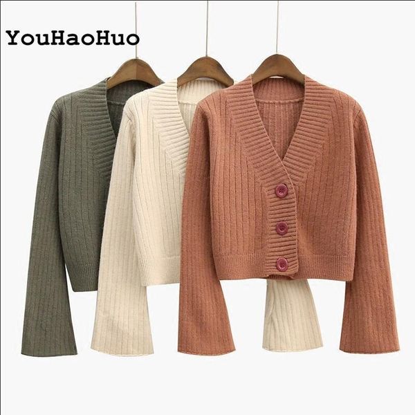 

2020 cardigan autumn long flare sleeve short sweater women ribbed knitted cotton black white ladies soft outwear female h1211, White;black