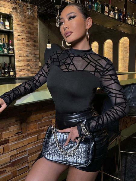 

sxy mock neck contrast geo mesh a2pt#, White