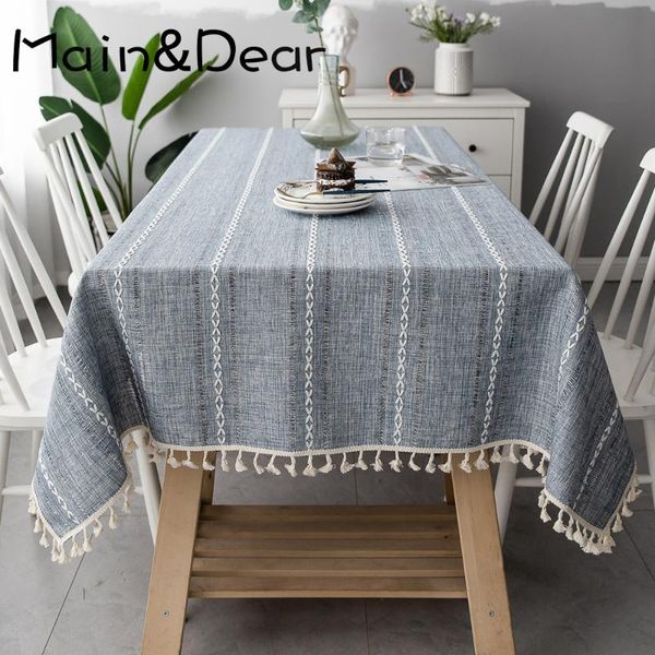 

table cloth simple striped round square tassel cotton linen high-end el fabric tablecloth oilproof cover lace