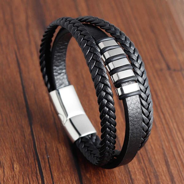 

braided rope stainless steel bracelet leather multilayer jewelry men's l19127, Silver