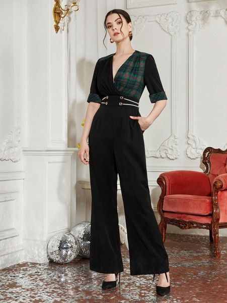 

x guyot & poon tartan rolled cuff pearl detail jumpsuit q231#, White