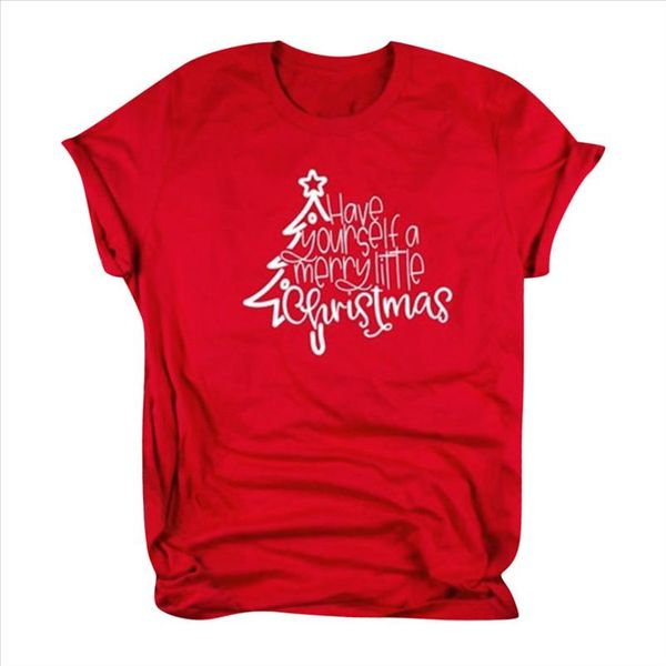 

new ladies comfortable fashion wild solid color round neck folded sleeves christmas letter printed short sleeved t shirt 04, White