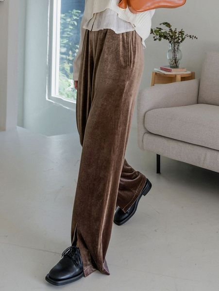 

dazy elastic waist split hem velvet pants g2cc#, Black;white