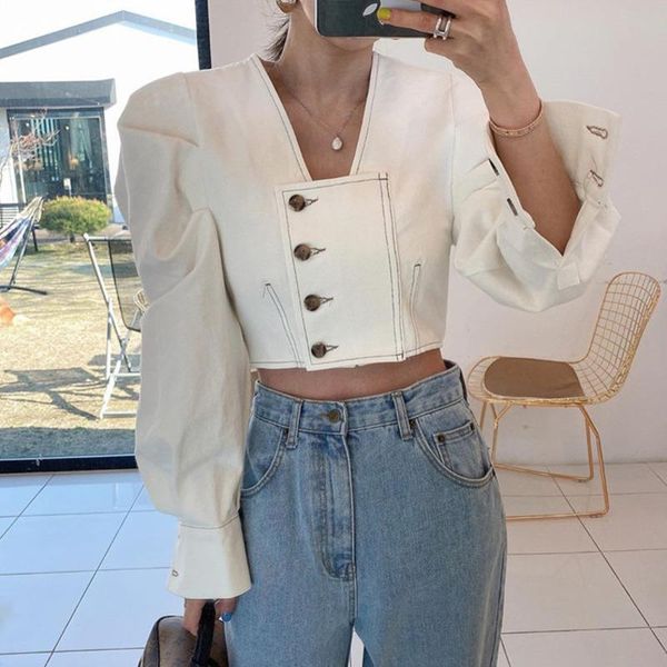 

ewq] fashion casual chic white shirt for women button stylish long sleeve short blouse korean style official ladies 2020 summer