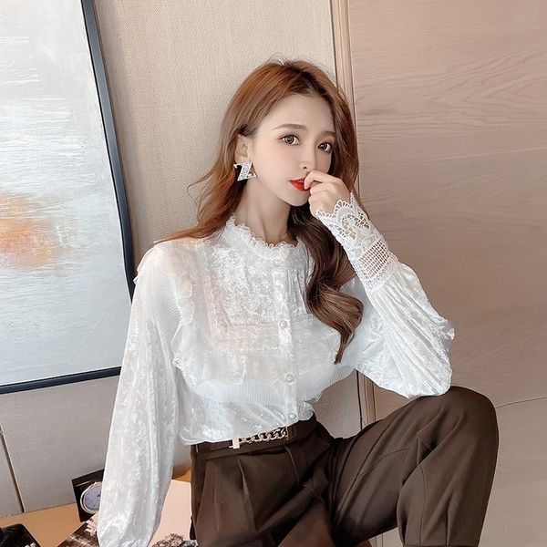 

women's blouses & shirts long sleeve stand collar lace patchwork elegant office lady wear white color casual spring autumn y1612a