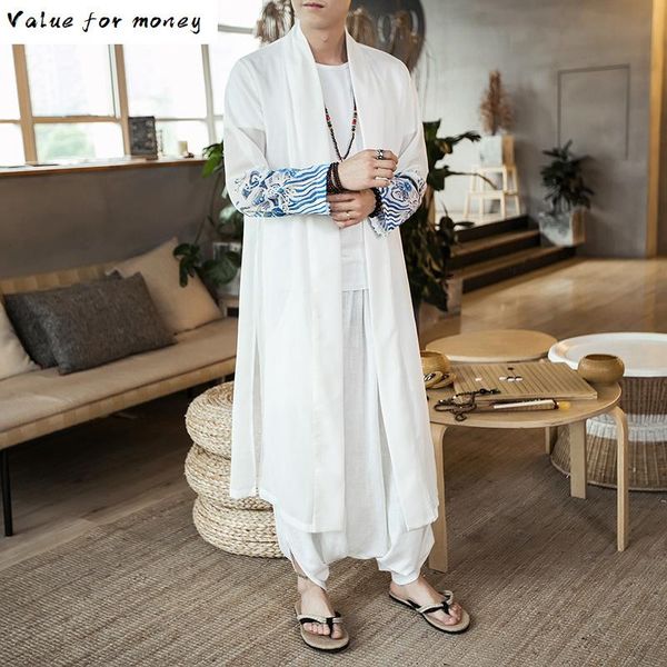 

men's trench coats shawl loose fashion long kimono windbreaker outwear summer china style men cardigan thin coat jacket male white, Tan;black