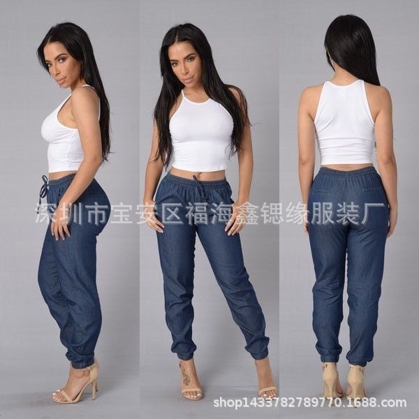 

1autumn fashion new pencil legged pants elastic waist women's jeans, Blue