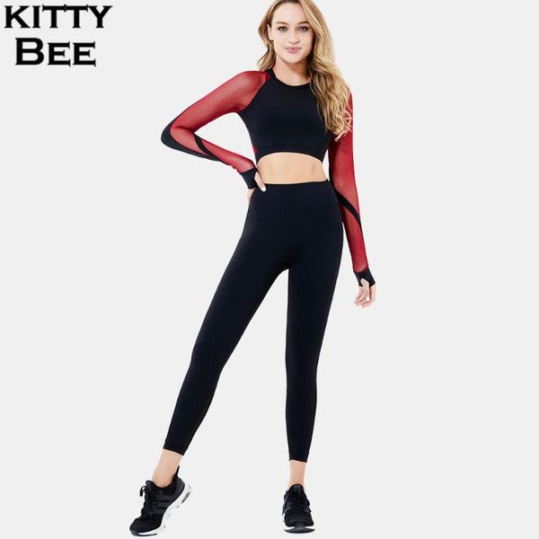 

yoga outfits set 2 piece sport women gym clothing workout suit long sleeve crop leggings fitness, White;red