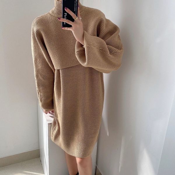

2021 new korean version piece sets autumn winter trendy simple designer long sleeve turtleneck dress suit zmhp, White