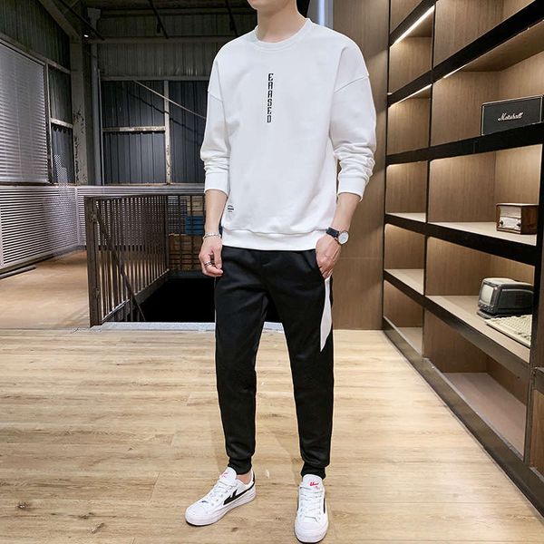 

new leisure sports suit korean round neck sweater casual pants men's jacket in autumn and winter of 2019, Gray