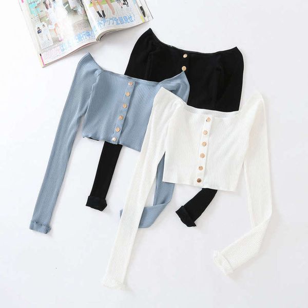 

spring slim square neck single bn539-19 breasted short navel exposed ultra long sleeve threaded t-shirt, Black;gray