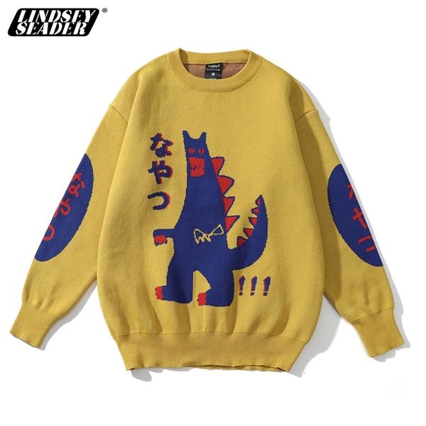 

men hip hop sweater pullover streetwear japanese dinosaur print knitted sweater retro vintage autumn hiphop sweaters jumper 201106, White;black