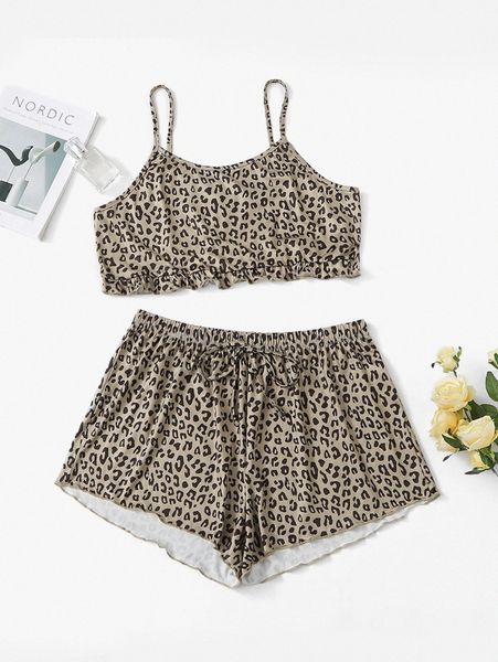 

plus leopard print lettuce trim knot front pj set 00yw#, Black;white