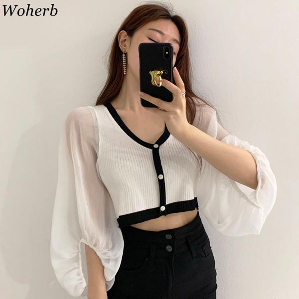 

woherb fashion women cropped blouse stretchy knitted slim shirt chic korean solid mesh long sleeve blusas 2020 shirts 1, White